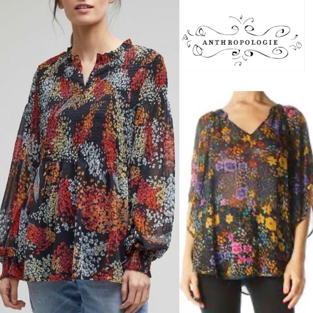 Lot of 2 ANTHROPOLOGIE Bundle Black Floral Tops | Akemi + Kin | Fei Silk Size XS